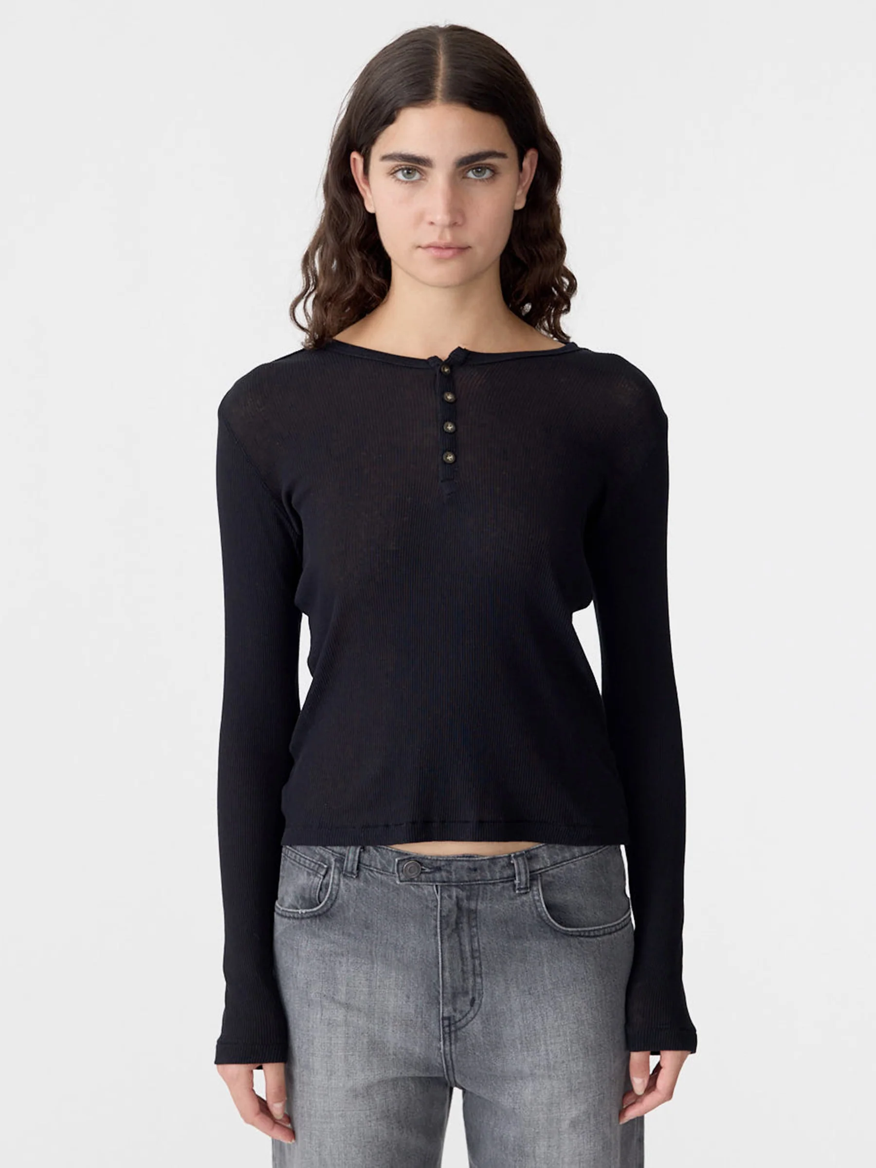 Sheer Rib Long Sleeve Placket T-Shirt - Image 2