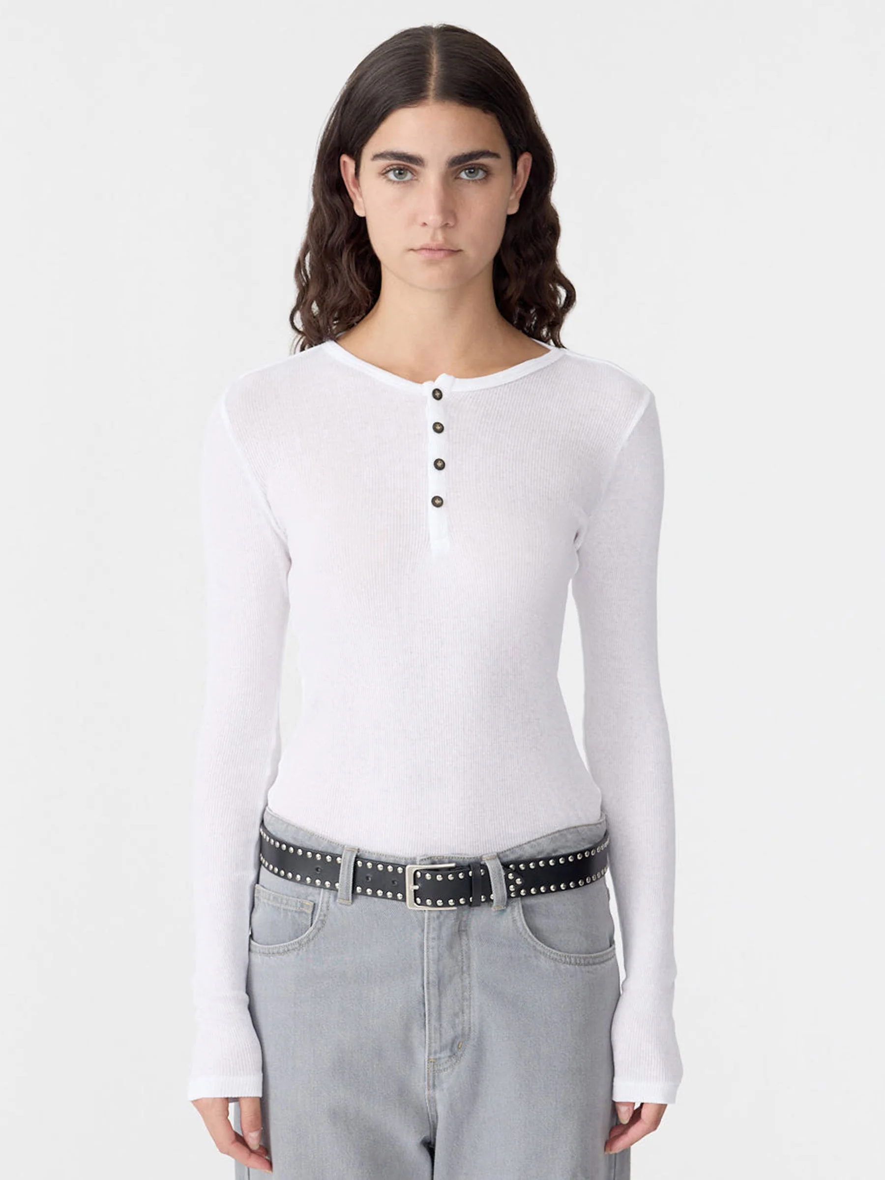 Sheer Rib Long Sleeve Placket T-Shirt - Image 2